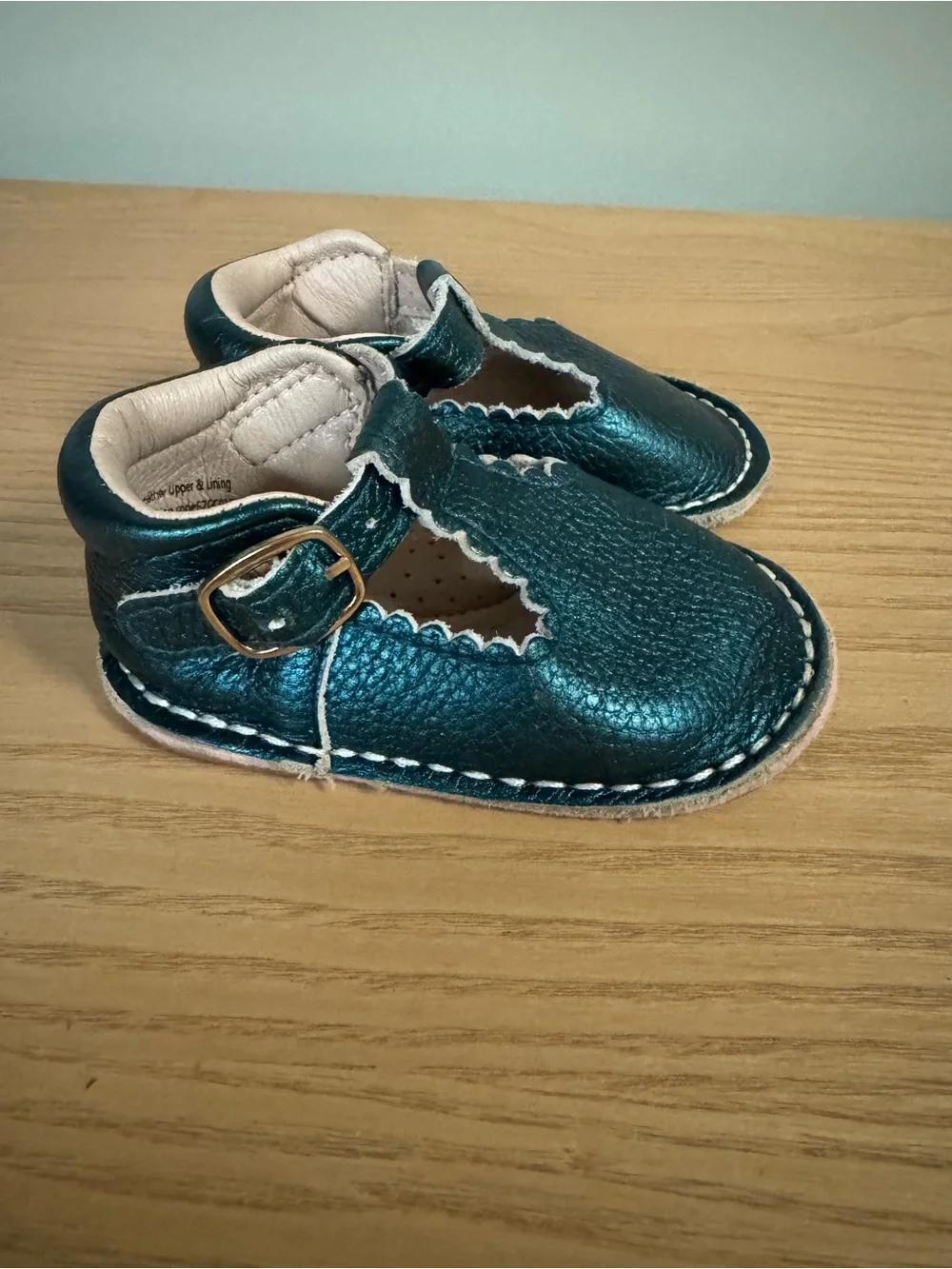 Monkey Feet Teal Metallic Leather Scalloped T-Strap Mary Janes 6-12M